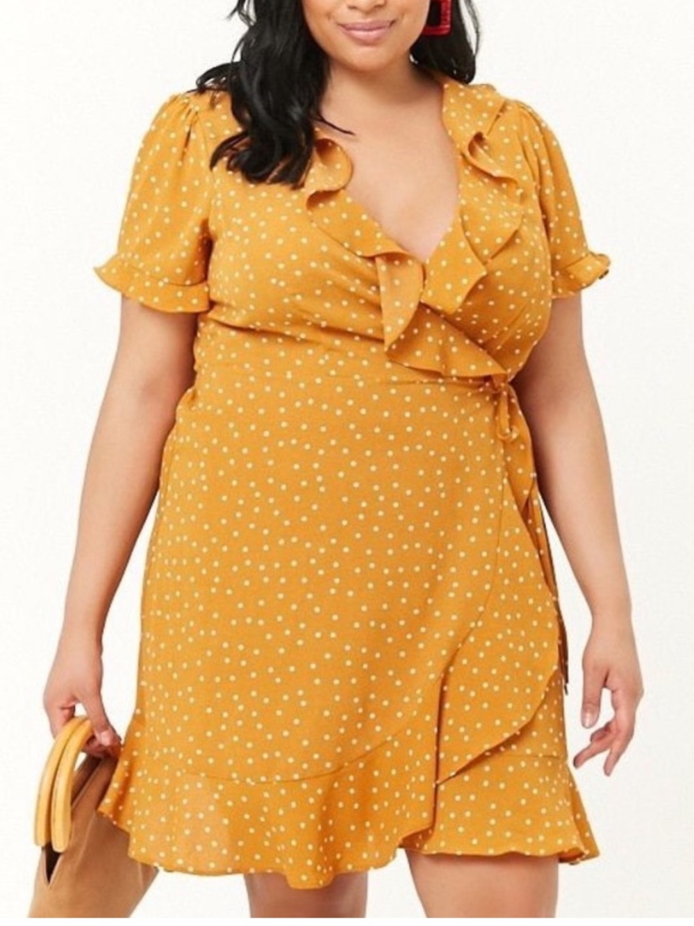 Forever 21+ NWT Polka Dot Ruffle Wrap Midi Dress Mustard 3X Plus Size
